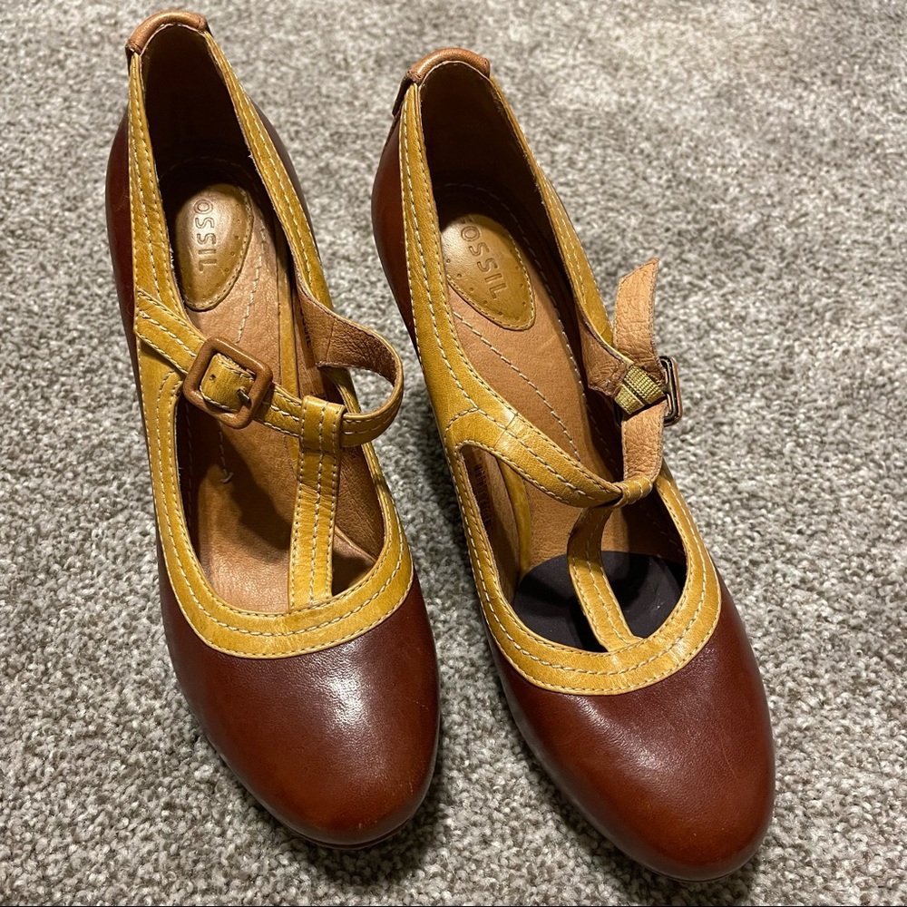 Fossil T Strap Leather Mary Jane Platform Pump Buckle Shoes Burgundy Gold Size 7